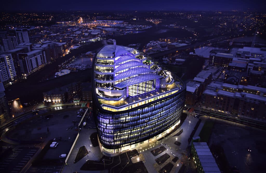 One Angel Square during night December 2012 1